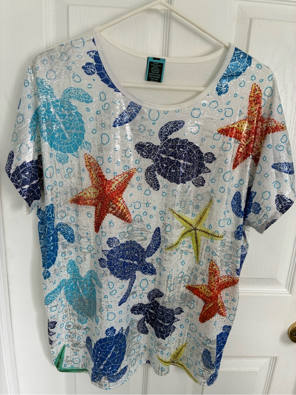 Seaside Sea Turtle & Starfish Kids Top - White with Blue, Red & Yellow Accents
